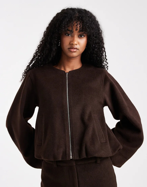  4th & Reckless Chaqueta Bomber Marrón Chocolate Sin Cuello Con Mangas Globo De Lana De 4th & Reckless (parte De Un Conjunto)-brown 