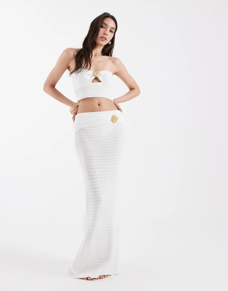  4th & Reckless Falda Playera Larga Blanca De Punto Rico En Algodón Con Cintura Plegada Y Detalle De Herraje De Concha Dorado De 4th & Reckless (parte De Un Conjunto)-blanco 