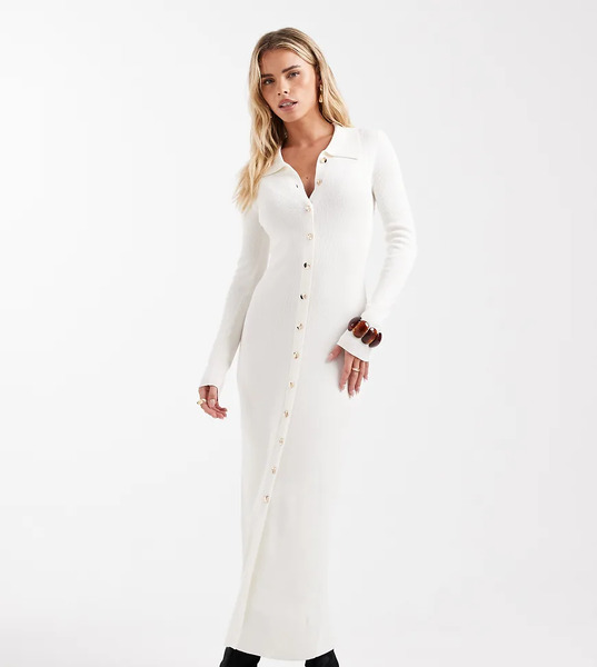  4th & Reckless Petite Vestido Largo Color Crema Con Botones Y Detalle De Solapas De Punto Acanalado Fino De 4th & Reckless Petite-blanco 
