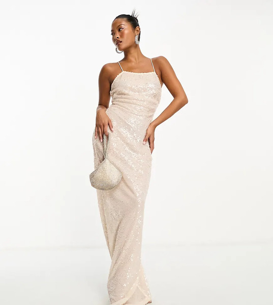  4th & Reckless Petite Vestido Largo Color Crema Con Escote Cuadrado, Espalda Baja Y Detalle Cruzado De Lentejuelas Exclusivo De 4th & Reckless Petite-blanco 