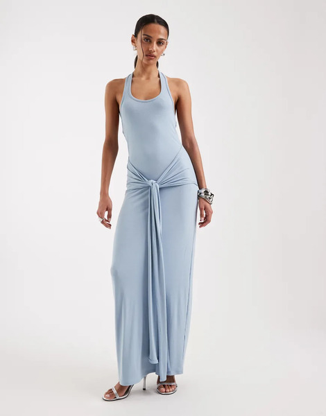  4th & Reckless Vestido Largo Azul Pastel Con Cuello Halter Ancho Y Lazada Colgante Delantera De Punto Suave De 4th & Reckless 