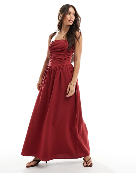  4th & Reckless Vestido Largo Color óxido Con Escote Palabra De Honor Y Detalle Fruncido De Algodón De 4th & Reckless-rojo 