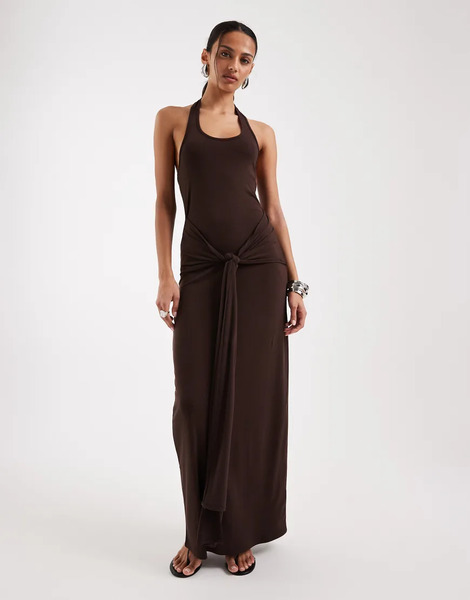 4th & Reckless Vestido Largo Marrón Chocolate Con Cuello Halter Ancho Y Lazada Colgante Delantera De Punto Suave De 4th & Reckless-brown 