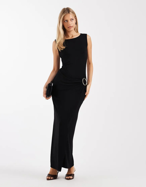  4th & Reckless Vestido Largo Negro Fruncido Sin Mangas Con Detalle De Anilla De Metal De Tejido Suave De 4th & Reckless 