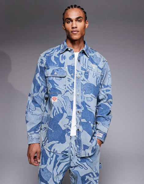  Aape By A Bathing Ape® Camisa Vaquera Azul De Manga Larga Con Estampado De Camuflaje De Aape By A Bathing Ape® (parte De Un Conjunto)-multicolor 