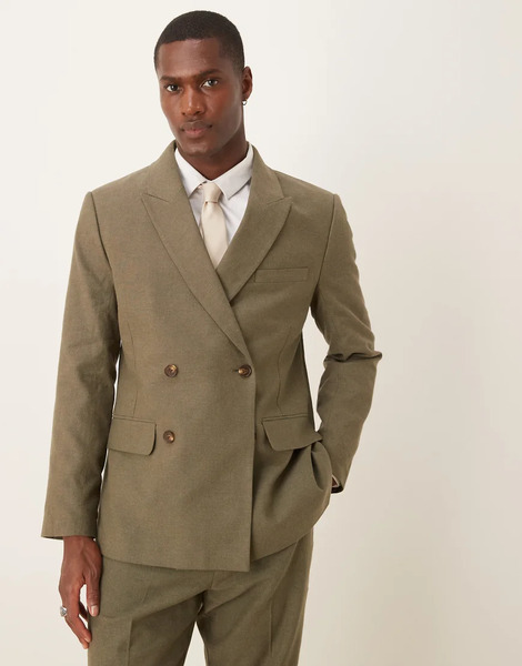  Abercrombie & Fitch Americana De Traje Verde Oliva Con Doble Botonadura De Lino De Abercrombie & Fitch (parte De Un Conjunto) 