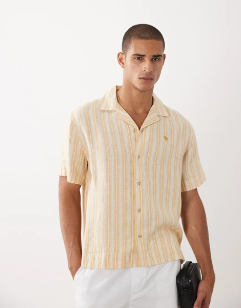  Abercrombie & Fitch Abercrombie & Fitch - Camisa A Rayas Amarillas De Manga Corta Con Logo De Icono 100% De Lino-amarillo 