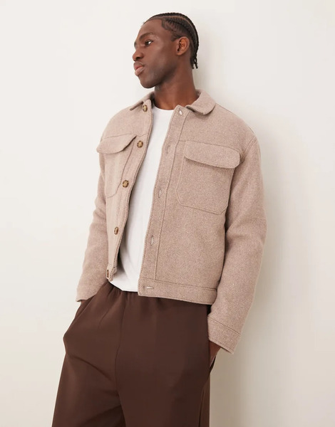  Abercrombie & Fitch Chaqueta De Vestir Corta Tostada De Estilo Camionero De Sarga De Mezcla De Lana De Abercrombie & Fitch-marrón 