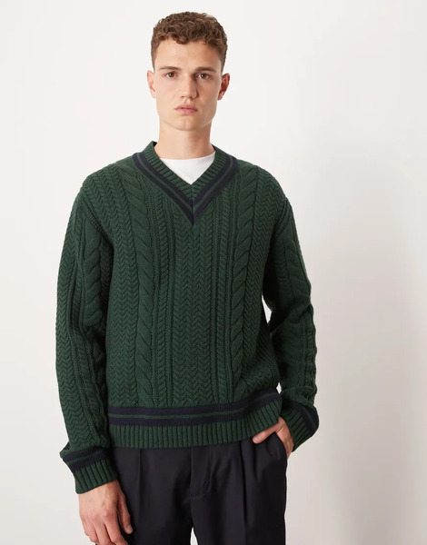  Abercrombie & Fitch Jersey Verde De Manga Larga Con Cuello De Pico Y Detalle De Rayas De Punto De Ochos De Abercrombie & Fitch 