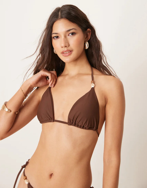 Abercrombie & Fitch Top De Bikini Marrón Triangular Con Detalle De Cuentas De Abercrombie & Fitch (parte De Un Conjunto) 