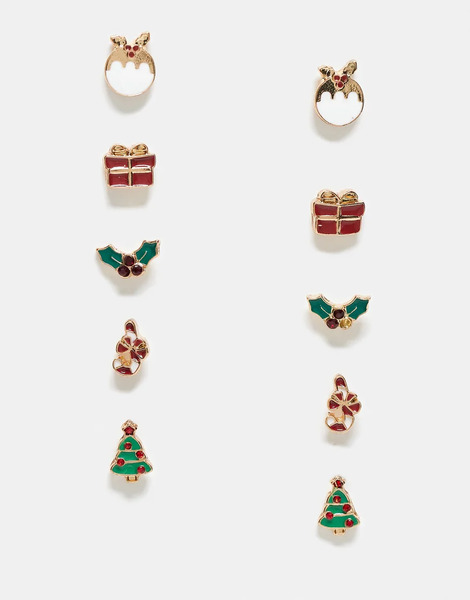  Accessorize Pack De 5 Pares De Pendientes De Botón De Varios Colores Con Diseños De Navidad De Accessorize-multicolor 