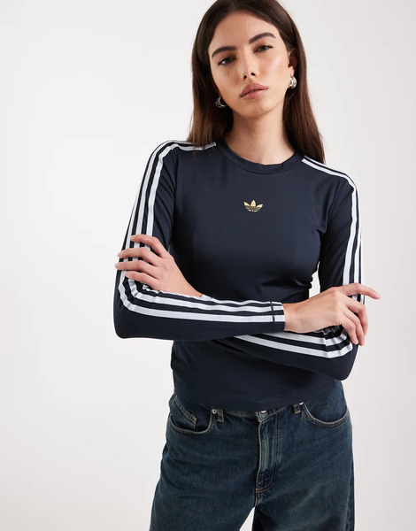  Adidas Originals Camiseta Azul Tinta Aurora Y Azul Cielo Cristalino De Manga Larga Con Detalle De 3 Rayas De Adidas Originals-azul Marino 