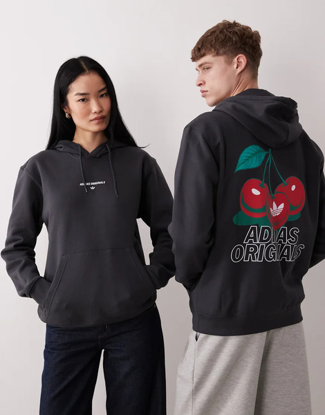  Adidas Originals Sudadera Negra Con Capucha Con Estampado De Cerezas Y Trébol Trefoil Cherry De Adidas Originals-negro 