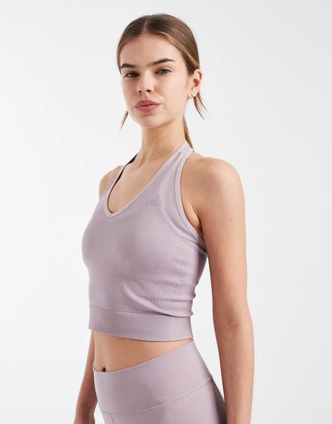  Adidas Performance Camiseta Color Higo Envejecido Con Cuello Halter De Punto Workout Essentials De Adidas Performance-morado 