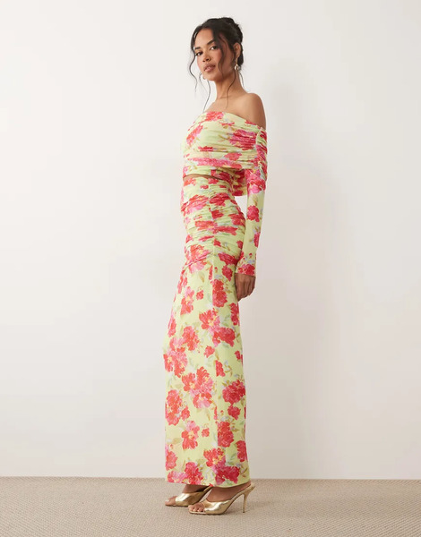 Afrm Afrm - Bevin - Falda Larga Verde Lima Y Rosa De Talle Alto Con Estampado Floral Y Cinturilla Elástica De Malla (parte De Un Conjunto)-multicolor 