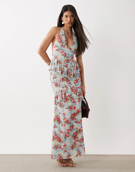  Afrm Afrm - Vestido Largo Azul Escalonado Con Estampado Floral, Cuello Halter Y Estampado De Malla Athens-multicolor 