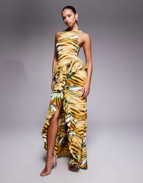  Afrm Vestido Largo Ceñido Con Estampado De Tigre, Abertura Delantera, Detalle De Volante Y Espalda De Nadadora De Afrm-multicolor 