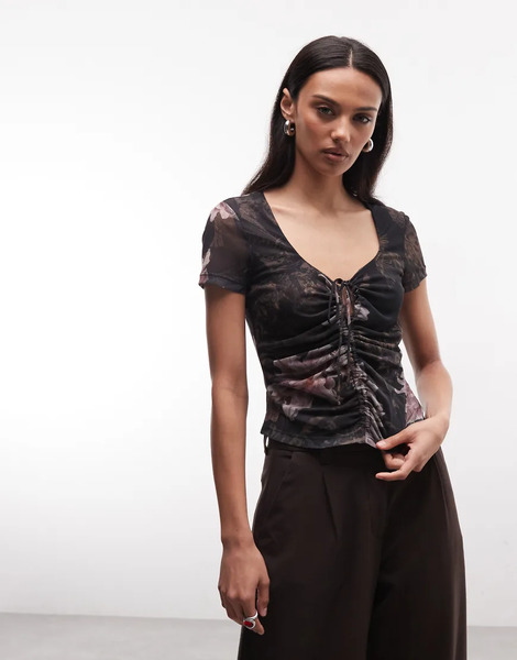  Allsaints Allsaints - Gabby - Top Negro De Manga Corta Con Diseño Fruncido, Detalle Anudado Y Estampado Floral De Malla 