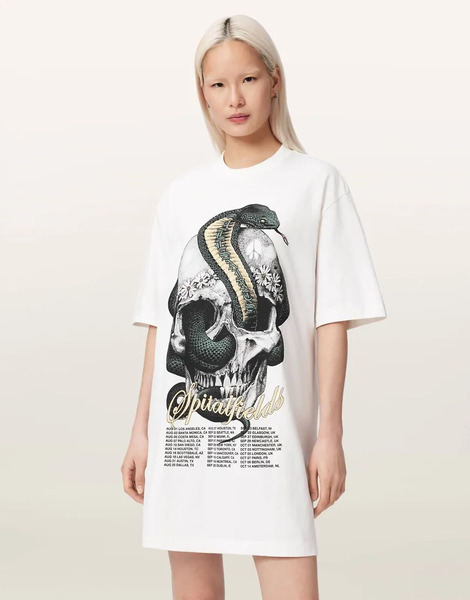  Allsaints Vestido Corto Blanco Estilo Camiseta De Manga Corta Con Estampado Gráfico De Cabeza De Serpiente Y Logo De Allsaints 