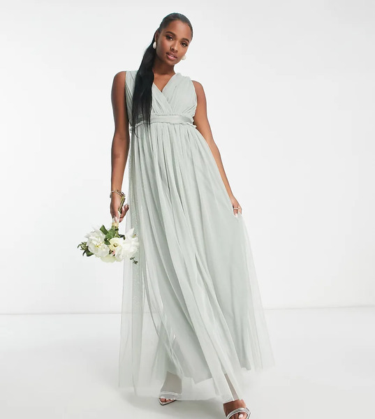  Anaya Petite Vestido De Dama De Honor Largo Verde Salvia Con Volantes En La Cintura Y Cuello De Pico De Anaya Petite 