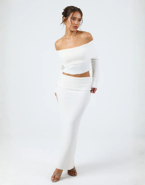  Aria Cove Falda Larga Color Crema De Talle Bajo Con Cintura Plegada De Punto De Aria Cove (parte De Un Conjunto)-blanco 