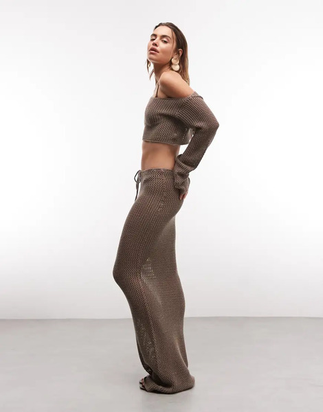  Aria Cove Falda Playera Larga Marrón Pastel Con Lazada En La Cintura De Croché Calado De Aria Cove (parte De Un Conjunto)-brown 