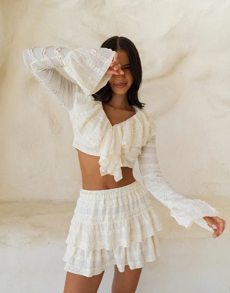  Aria Cove Minifalda Color Crema Escalonada Con Volantes De Tejido Texturizado De Aria Cove (parte De Un Conjunto)-blanco 
