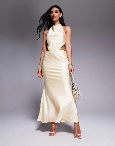  Aria Cove Vestido Largo Amarillo Limón De Corte Sirena Con Cuello Halter Desbocado Y Espalda Descubierta Con Lazada De Satén De Aria Cove 