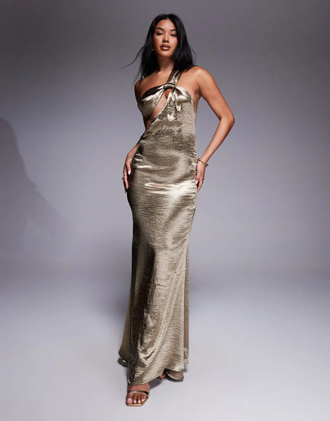  Aria Cove Vestido Largo Dorado Asimétrico De Corte Sirena Con Espalda Al Aire De Satén Efecto Repujado De Aria Cove 