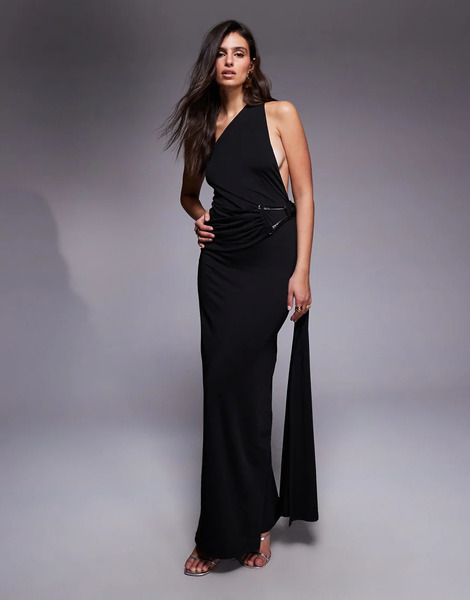  Aria Cove Vestido Largo Negro Ceñido Con Espalda Descubierta, Detalle Fruncido Colgante Y Adorno De Metal De Tejido Ajustado Doble De Aria Cove 