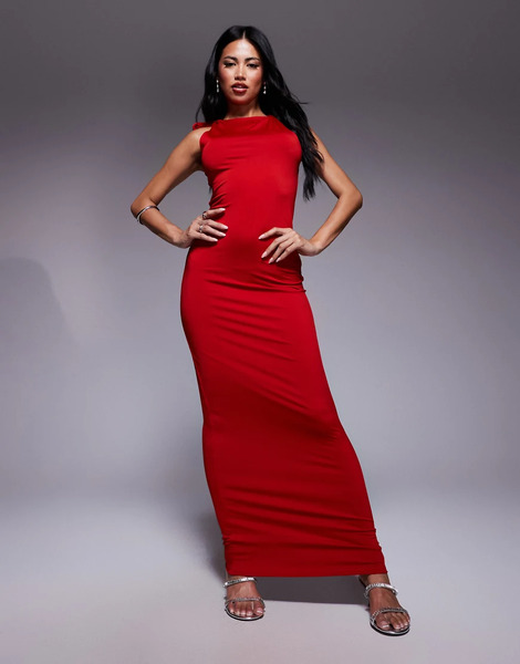  Aria Cove Vestido Largo Rojo Ceñido Y Ajustado Con Detalle De Lazada En El Hombro Y Diseño De Doble Capa De Aria Cove 
