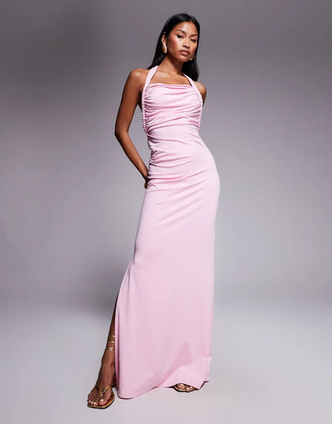  Aria Cove Vestido Largo Rosa Ceñido Y Asimétrico Con Cuello Halter, Diseño De Doble Capa Y Espalda Baja Con Detalle Retorcido De Aria Cove 