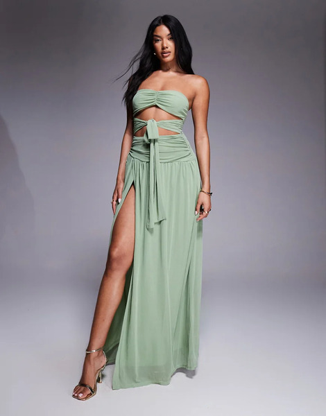  Aria Cove Vestido Largo Verde Salvia Palabra De Honor Con Lazada Y Aberturas En La Cintura Y Hasta El Muslo De Malla De Aria Cove 