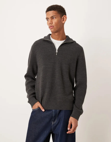  Arket Jersey Gris Oscuro Jaspeado Con Cuello Alzado Y Media Cremallera De Punto Acanalado Grueso De Lana De Arket 