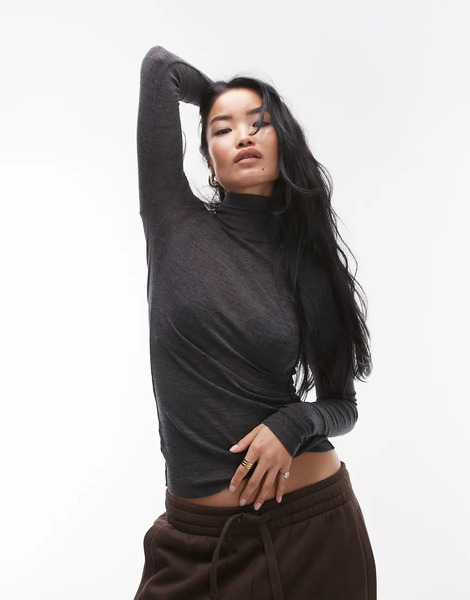  Arket Top Gris De Manga Larga Y Corte Slim Con Cuello Alto De Tejido Semitransparente De Lana De Merino De Arket 