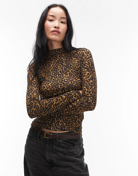  Arket Top Semitransparente Con Estampado De Leopardo Y Cuello Subido De Canalé Ancho De Lana De Merino De Arket-multicolor 