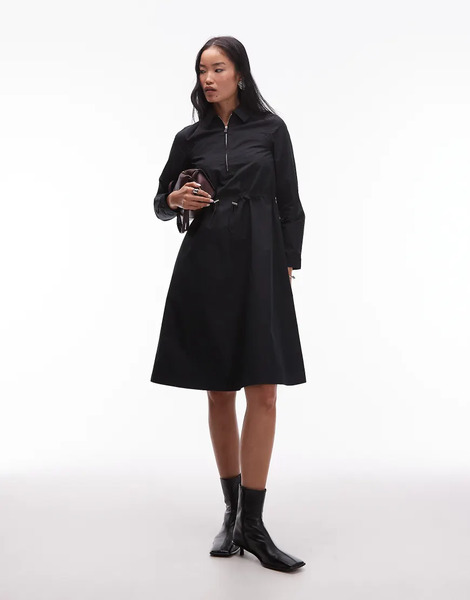  Arket Vestido Camisero Corto Negro De Manga Larga Con Detalle Entallado En La Cintura De Tejido Rico En Algodón De Arket 