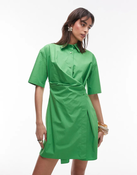  Arket Vestido Camisero Corto Verde Con Parte Delantera Cruzada Con Botones De Tejido Rico En Algodón De Arket 
