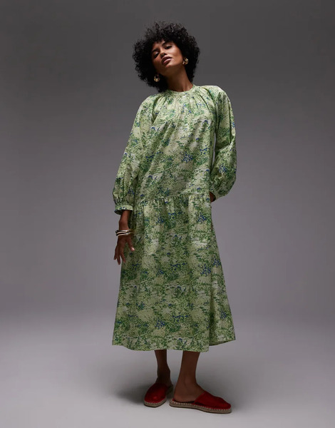  Arket Vestido Semilargo Verde Amplio Con Estampado De Hojas Y Cintura Baja De Algodón Puro De Arket-multicolor 