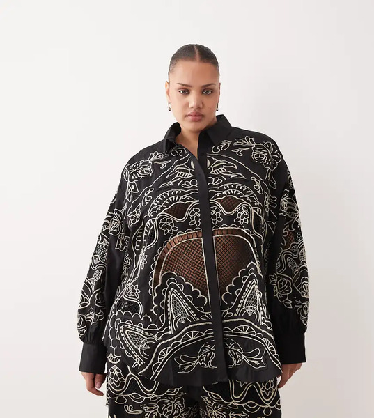  Arrange Camisa Negra Y Color Crema Con Diseño Bordado Calado De Algodón De Arrange Curve (parte De Un Conjunto)-negro 