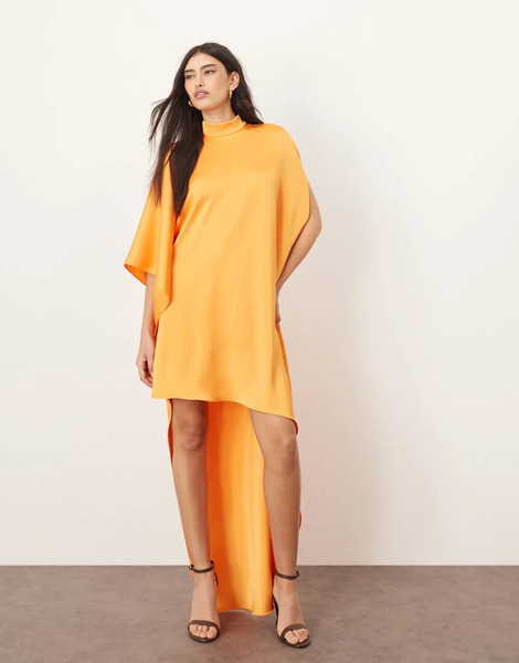  Arrange Vestido Corto Color Albaricoque Con Mangas Estilo Capa, Cuello Alto Y Bajo Asimétrico De Arrange-naranja 