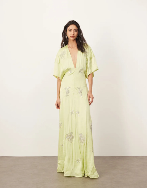  Arrange Vestido De Tarde Largo Verde Lima De Estilo Años 30 Moderno Con Diseño Floral De Abalorios De Arrange 