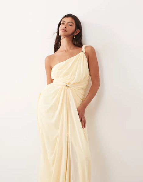  Arrange Vestido Largo Amarillo Crema Asimétrico Drapeado Con Detalle Retorcido Y Herraje De Metal De Arrange 