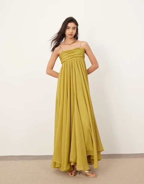  Arrange Vestido Largo Amarillo Verdoso De Corte Trapecio Amplio De Tirantes Con Falda De Godets De Arrange-verde 