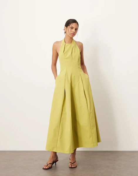  Arrange Vestido Largo Amarillo Verdoso Estructurado Con Detalle De Costuras Y Cuello Halter Envolvente De Arrange-verde 