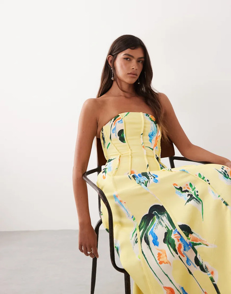  Arrange Vestido Largo Con Estampado Floral, Escote Palabra De Honor Y Detalle De Costuras De Tejido Grueso De Algodón De Arrange-multicolor 