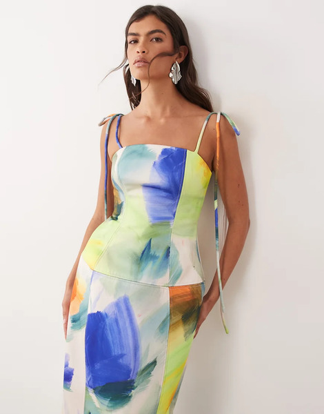  Arrange Arrange - Vestido Largo Estructurado Con Estampado Floral Abstracto, Escote Palabra De Honor Y Lazadas Con Caída-multicolor 