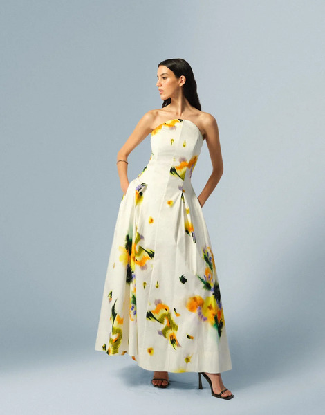  Arrange Vestido Largo Estructurado Con Estampado Floral Difuminado Y Escote Palabra De Honor De Arrange-multicolor 