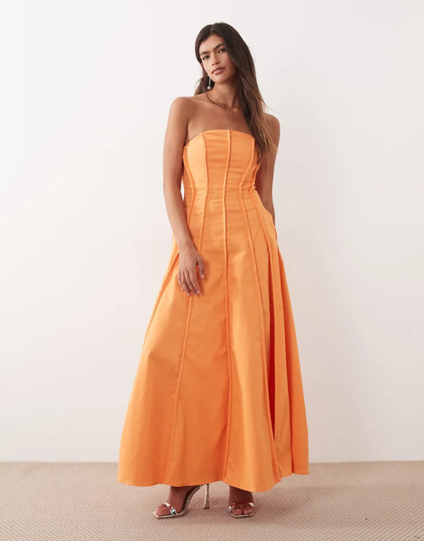  Arrange Vestido Largo Naranja Papaya Con Escote Palabra De Honor Y Detalle De Costuras De Tejido Grueso De Algodón De Arrange 