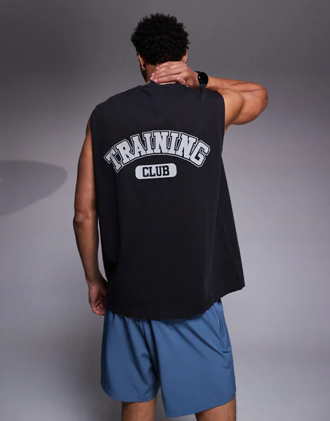  Asos Camiseta Deportiva Negro Lavado Extragrande Sin Mangas Con Estampado Trasero Y Acabado De Secado Rápido De Algodón Grueso De 4505 